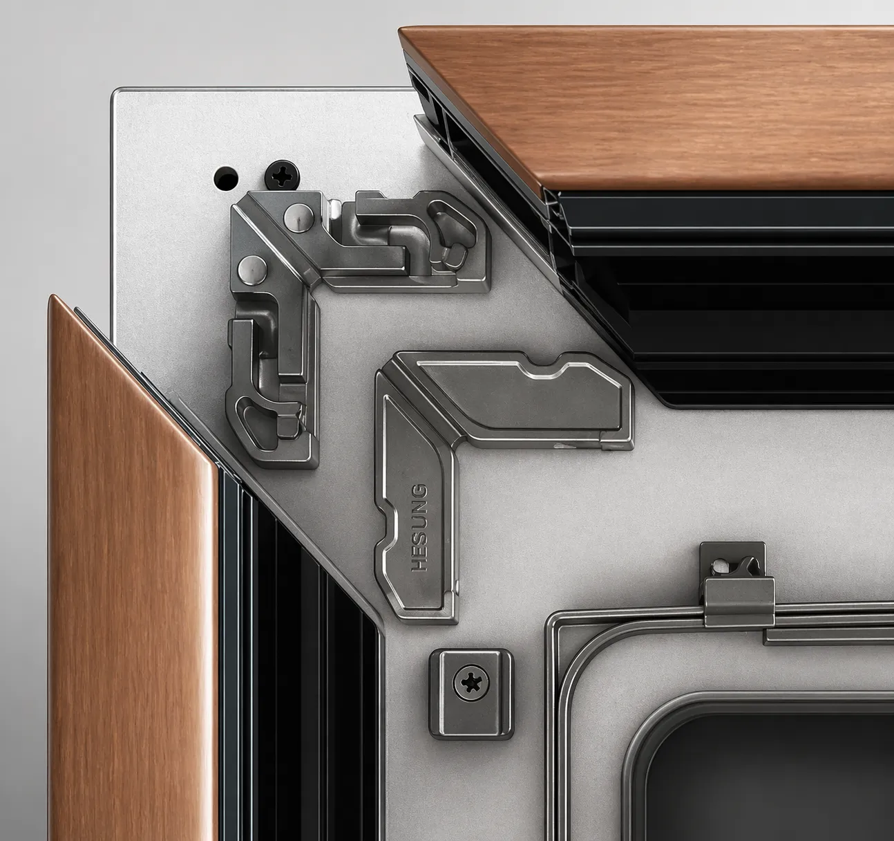 Pin and Glue corner technology detail in aluminium window frame construction