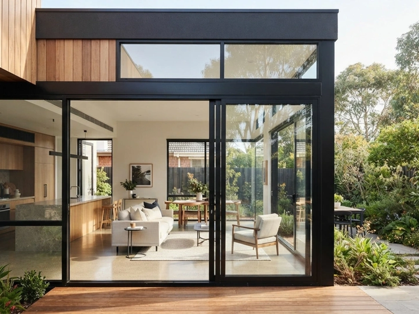 Contemporary Australian energy-efficient home with modern double-glazed aluminium windows and sliding doors in bright natural light