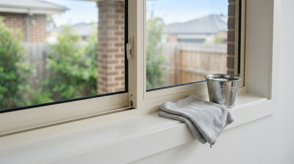 Off-white powder-coated aluminium window sill and frame with a bucket and soft cloth beside it