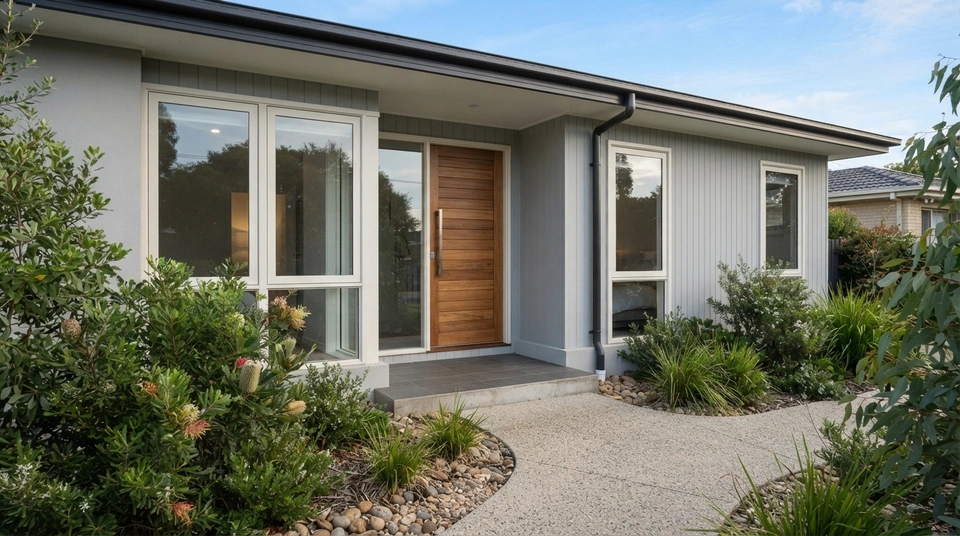 Australian single-storey home with off-white aluminium window frames, pale grey cladding and a natural timber front door