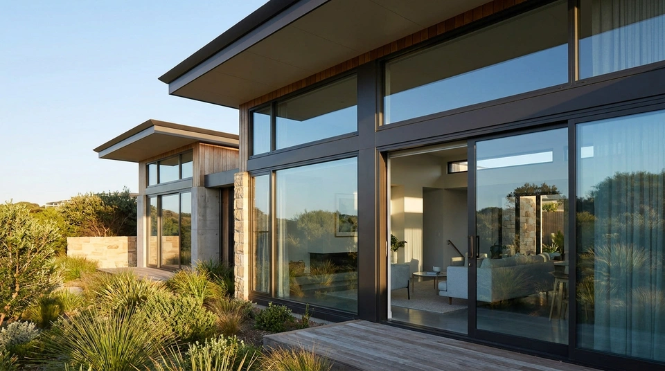Modern Australian home with solar-control double glazed aluminium windows shaded by architectural eaves during summer.