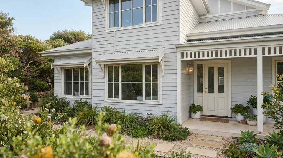 Hamptons-style Australian weatherboard home with off-white aluminium sliding windows and coastal planting