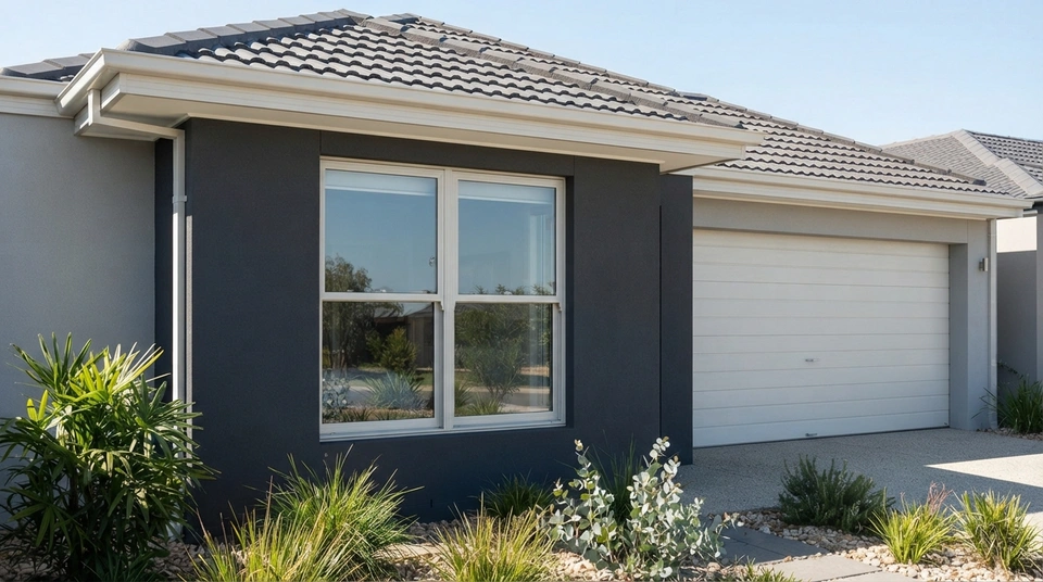 Australian house exterior with window frames, gutters, fascia and garage door in a matching soft off-white tone