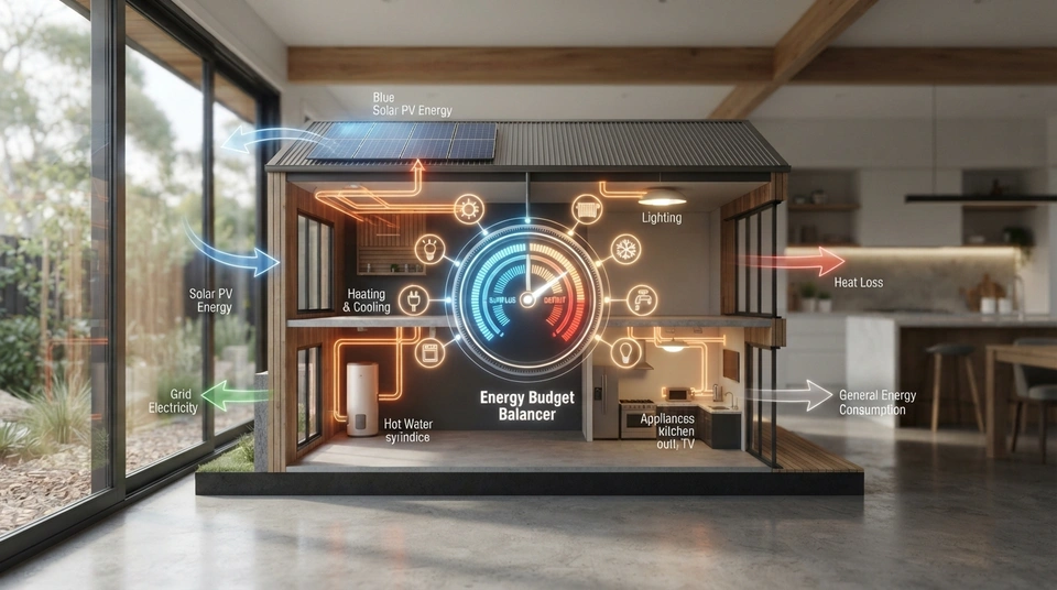 Abstract illustration showing a house with balanced energy flows from windows, doors, and appliances, representing the 'Whole of Home' energy budget.
