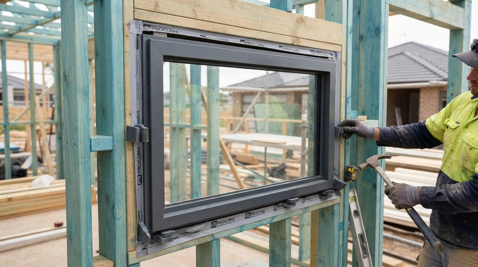 A builder precisely installing an aluminium window frame, showing the required 10mm gap at the top and correct packing for NCC 2022 compliance.