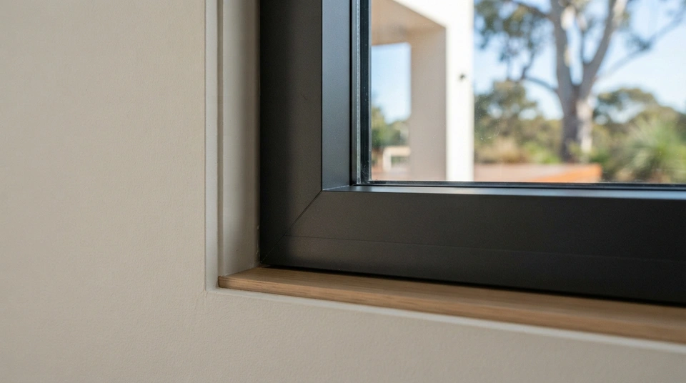A close-up of a modern slimline aluminium window frame showing the precision corner joint, slim interlock, and double glazing detail.