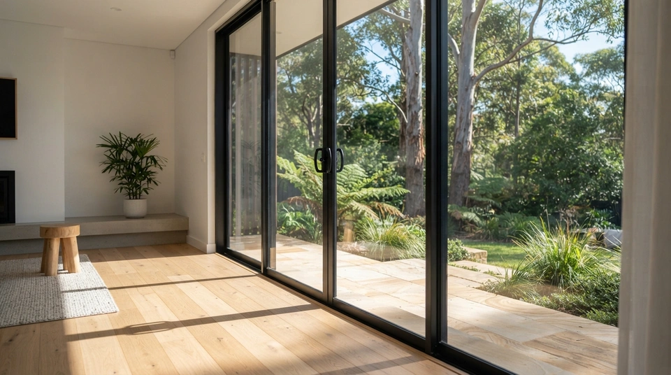 Interior of a modern 7-star energy-efficient Australian home with expansive floor-to-ceiling slimline aluminium double-glazed windows capturing passive solar daylight.