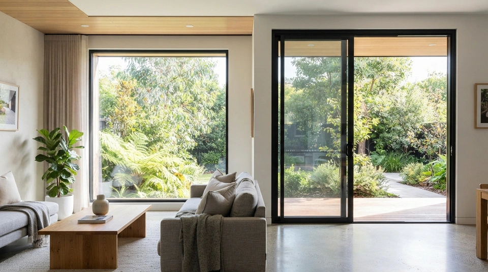 A modern residential living room wall combining a large floor-to-ceiling slimline fixed window alongside a matching operable slimline sliding window.