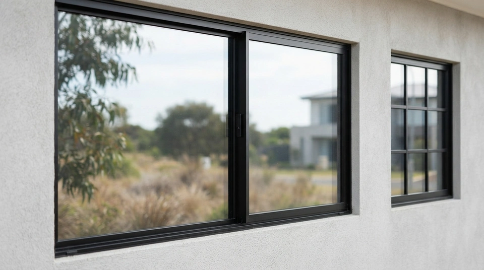 Slim black aluminium window frames with narrow sightlines beside a multi-bar steel-style window on a modern Australian home, illustrating the difference between slimline, minimal frame and steel-look labels.