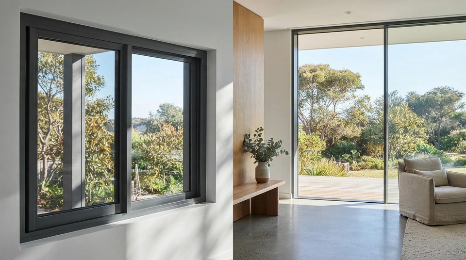 Architectural comparison in an Australian home showing the visual difference between a standard wide aluminium window frame and an ultra-narrow modern slimline frame with maximised glass area and daylight.
