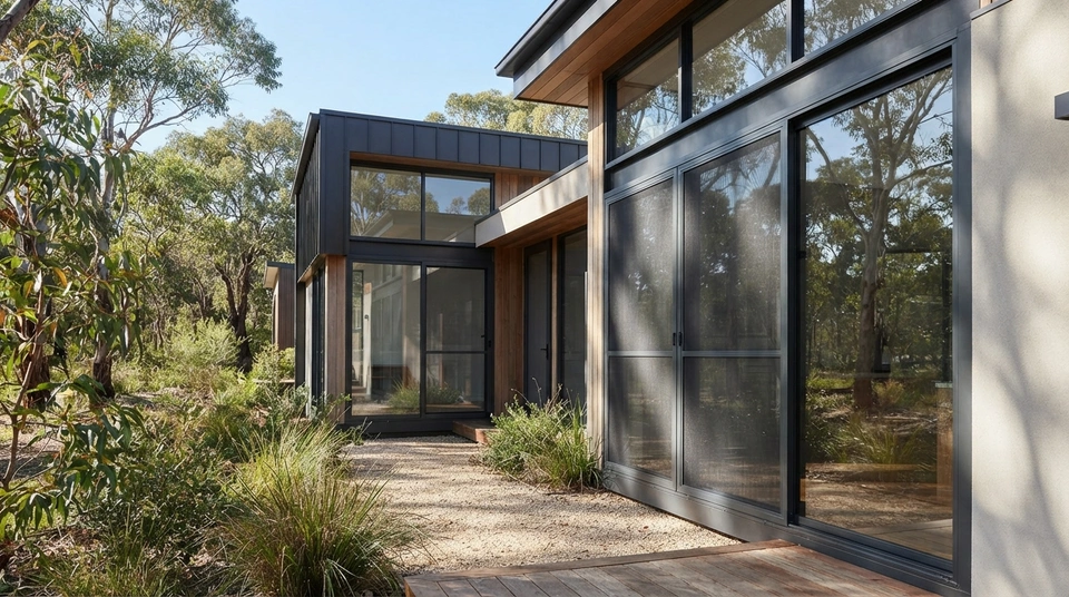 Architectural slimline aluminium windows with integrated fine metal ember mesh screens installed in an Australian bushfire-prone landscape.