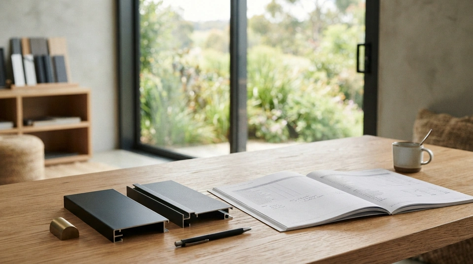 Architectural window schedule quote and aluminium finish samples on an oak consultation table in front of floor-to-ceiling slimline glass doors.
