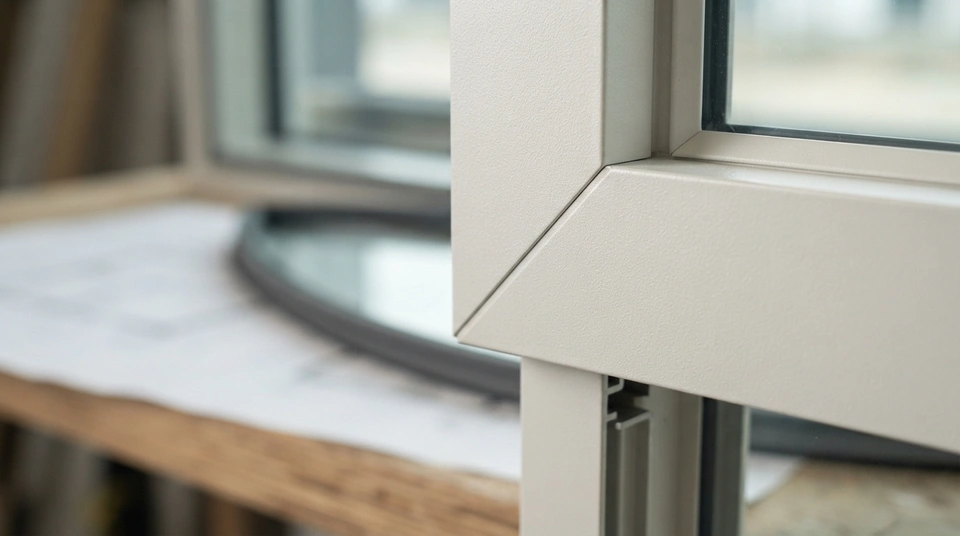 Macro close-up of an even satin off-white powder-coated aluminium window frame corner joint