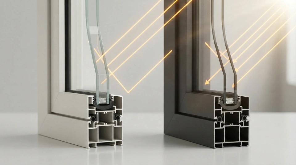 Clean technical illustration of sunlight reflecting off a light window frame and being absorbed by a dark window frame