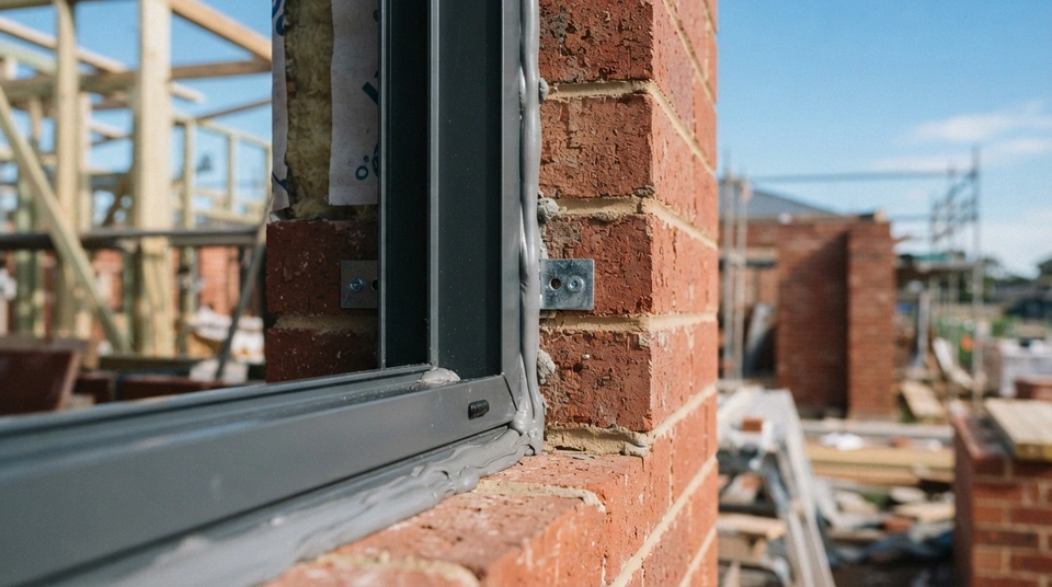 AS 2047 compliant aluminium window being installed into a brick wall on an Australian construction site, showing the frame seal and structural fixing.