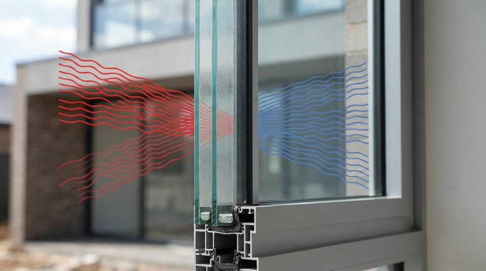 Illustration of a Low-E glass pane showing infrared heat waves reflecting off its surface, demonstrating how the coating reduces heat transfer for improved thermal efficiency.