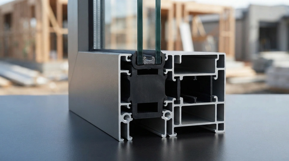 Cross-section of an aluminium window frame illustrating a thermal break, an insulating strip separating the inner and outer aluminium sections to reduce heat transfer.