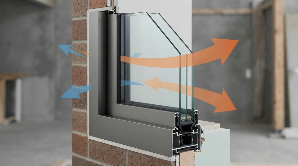 Diagram showing U-value in windows: heat conducting from a warm interior through a double-glazed aluminium window to a cold exterior.