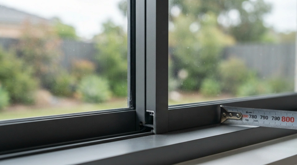 Close-up of the narrow interlock where two aluminium sliding window sashes meet between large panes of glass, with a tape measure on the sill.
