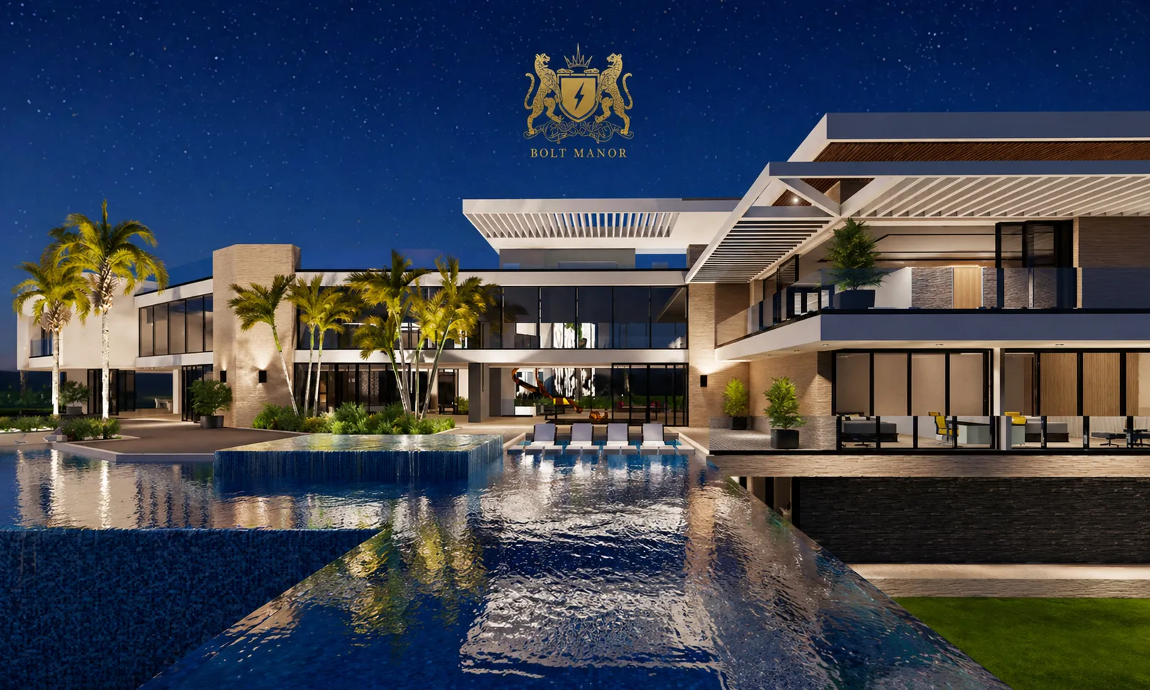 Night elevation of Stony Hill Jamaica residence with SMIRO glazing and opening systems